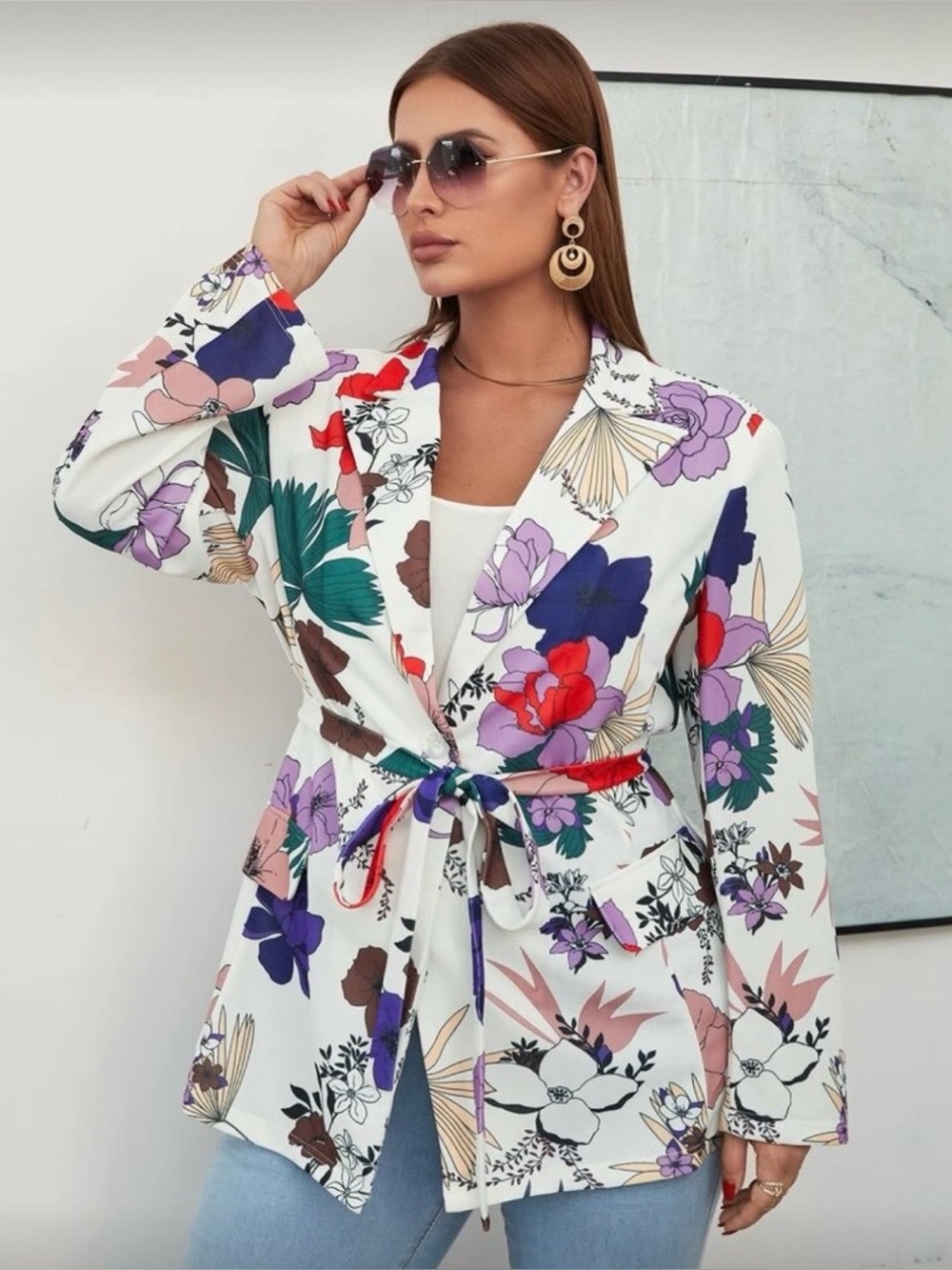 Floral Tie-Waist Blazer Jacket in White